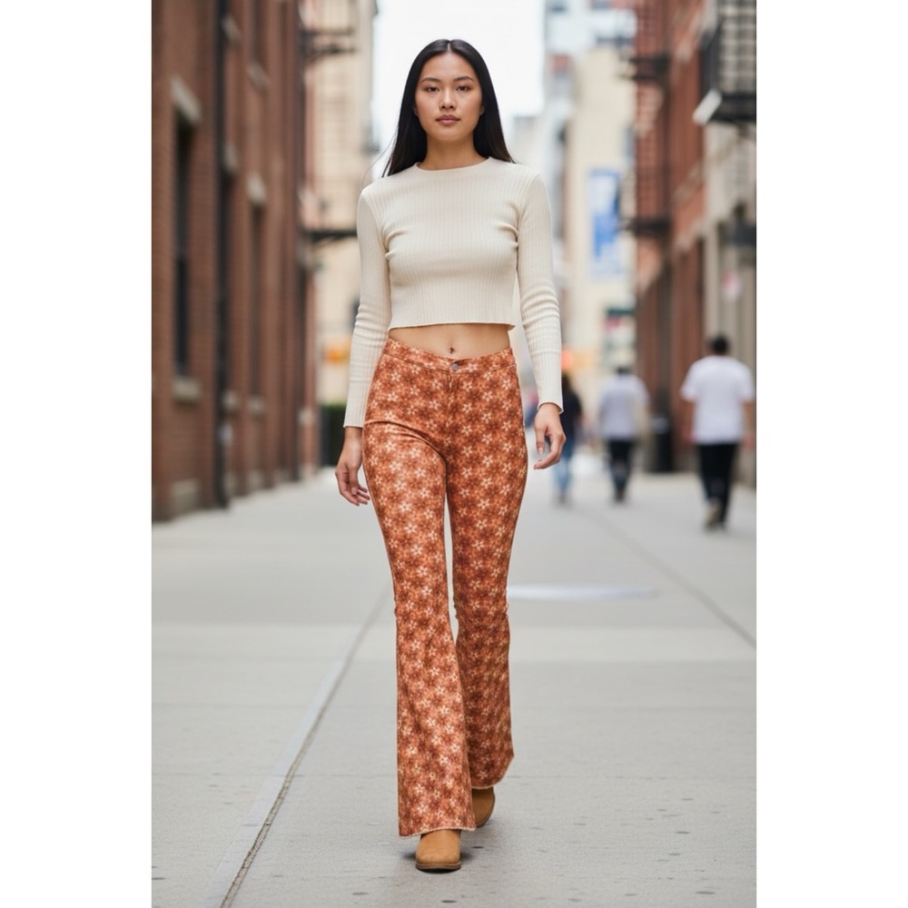 Peach Love Orange Retro Floral Flares | High Waist Denim Pants - Picture 4 of 10